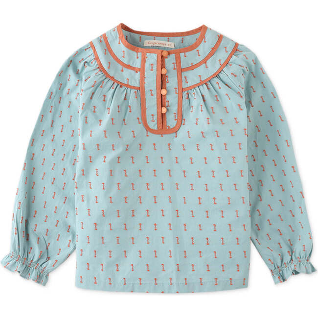 Dotted Contrast Trim Long Sleeve Top, Blue