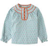 Dotted Contrast Trim Long Sleeve Top, Blue - Blouses - 1 - thumbnail