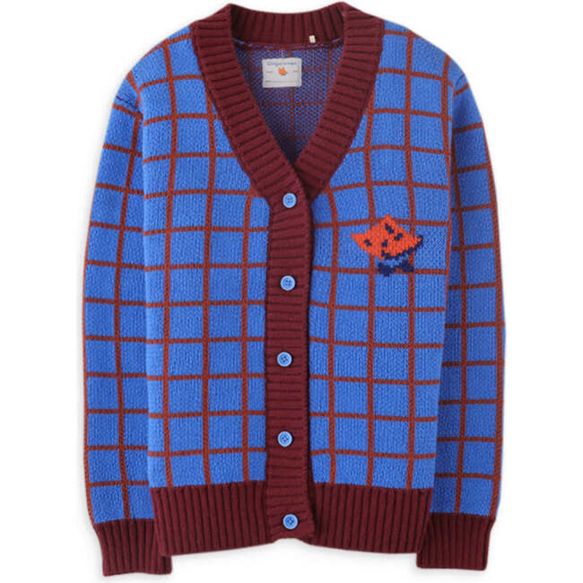 Boys Grids Knit Fox Head Intarsia Print Button-Up Cardigan, Blue