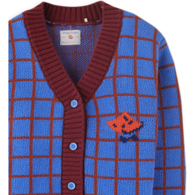 Boys Grids Knit Fox Head Intarsia Print Button-Up Cardigan, Blue - Cardigans - 3