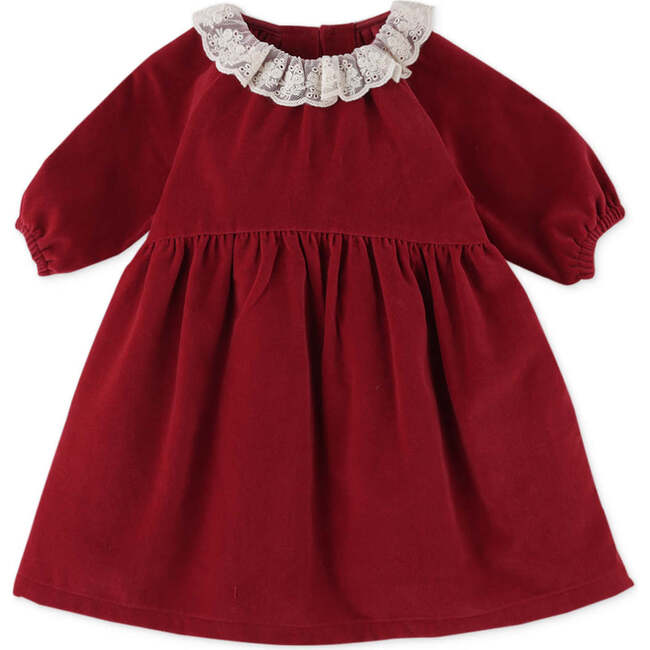 Baby Girls Velvet Lace Collar Long Sleeve Dress, Red