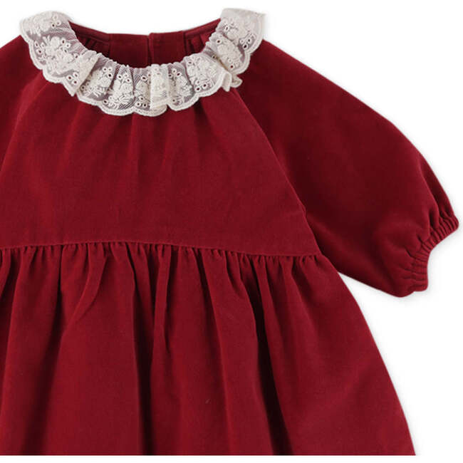 Baby Girls Velvet Lace Collar Long Sleeve Dress, Red - Dresses - 3