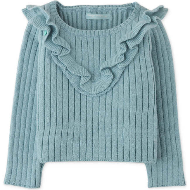 Baby Girls Ribbed Knit Ruffle Detail Long Sleeve Blouse, Blue - Blouses - 1