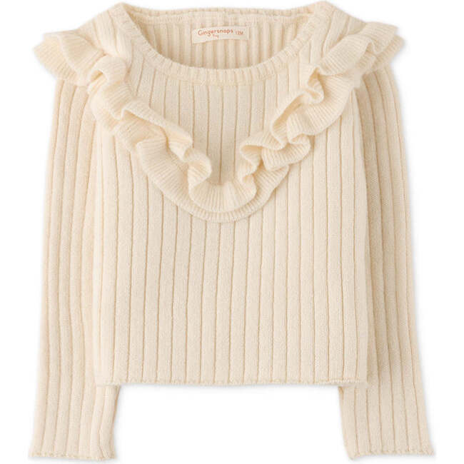 Baby Girls Ribbed Knit Ruffle Detail Long Sleeve Blouse, Cream - Blouses - 1