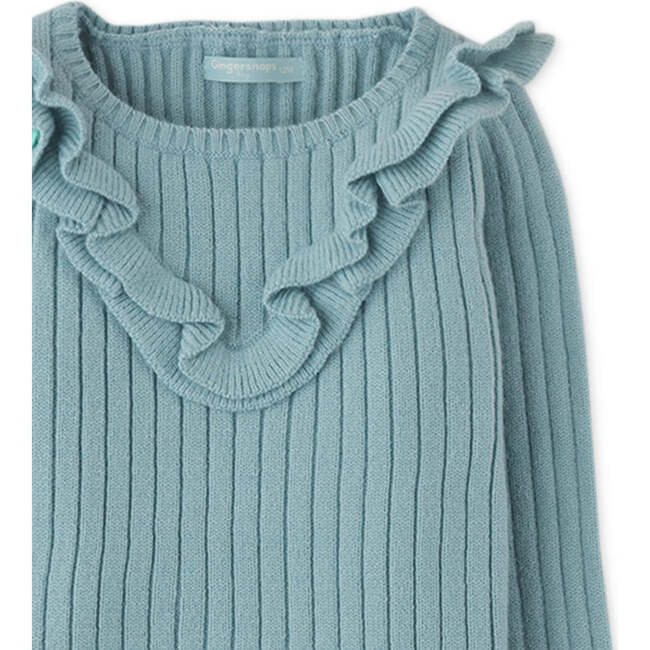 Baby Girls Ribbed Knit Ruffle Detail Long Sleeve Blouse, Blue - Blouses - 3