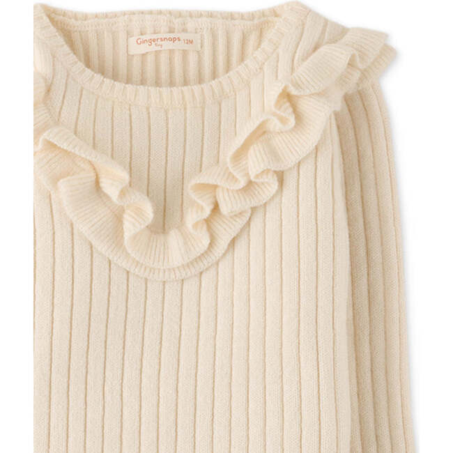 Baby Girls Ribbed Knit Ruffle Detail Long Sleeve Blouse, Cream - Blouses - 3