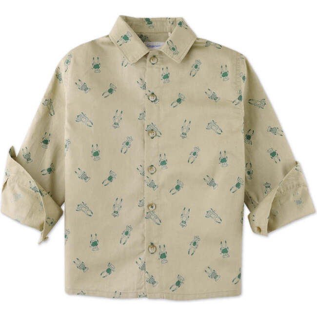 Monkey Print Long Sleeve Soft Twill Shirt, Beige