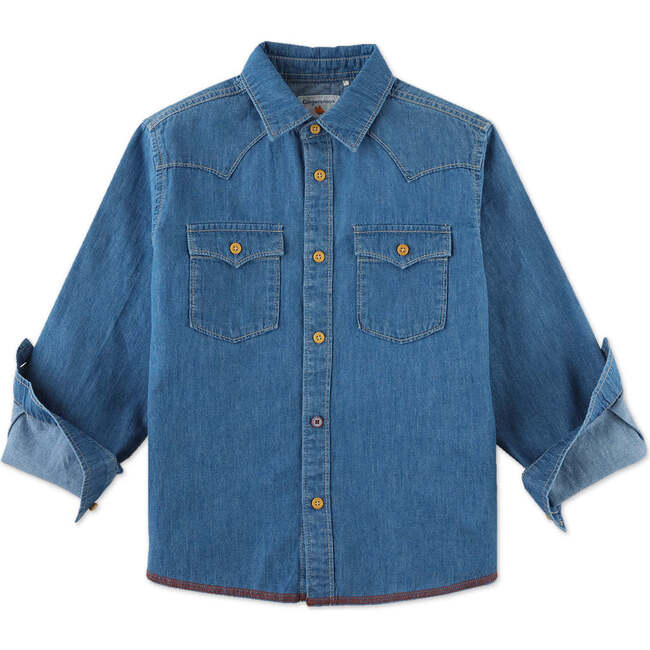 Light Wash Denim Long Sleeve Western Shirt, Blue - Shirts - 1