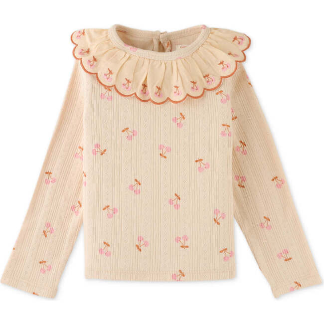 Baby Girls Embroidered Scallop Collar Ribbed Blouse, Beige