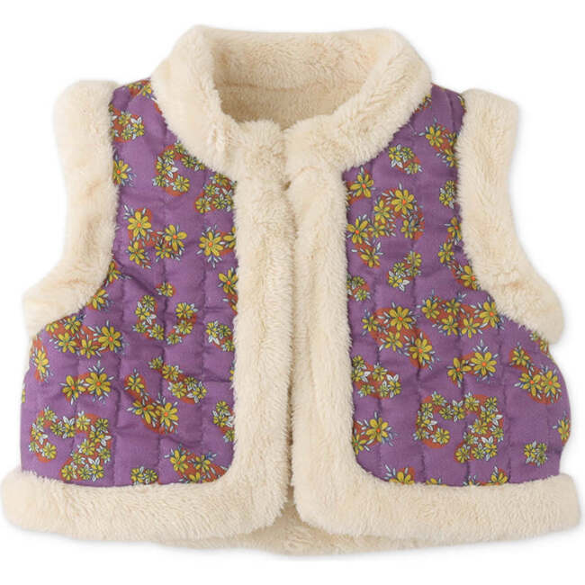 Baby Girls Faux Fur Print Combi Reversible Wadded Gilet, Purple