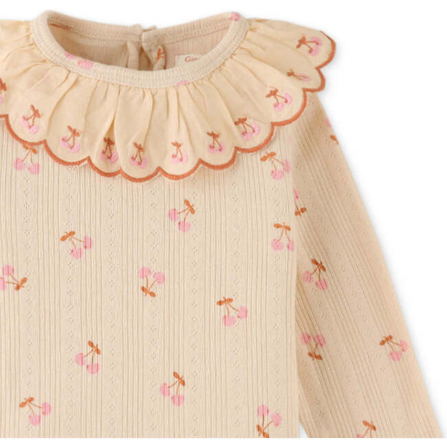 Baby Girls Embroidered Scallop Collar Ribbed Blouse, Beige - Blouses - 3