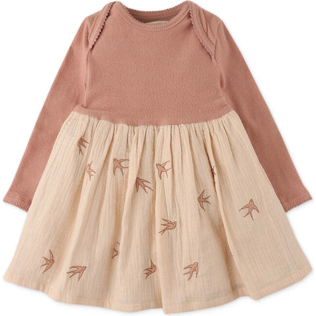 Baby Girls Bird Embroidered Envelop Neck Dress, Pink