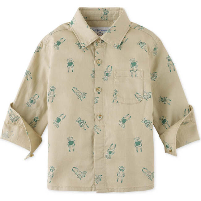 Baby Boys Monkey Print Long Sleeve Soft Twill Shirt, Beige