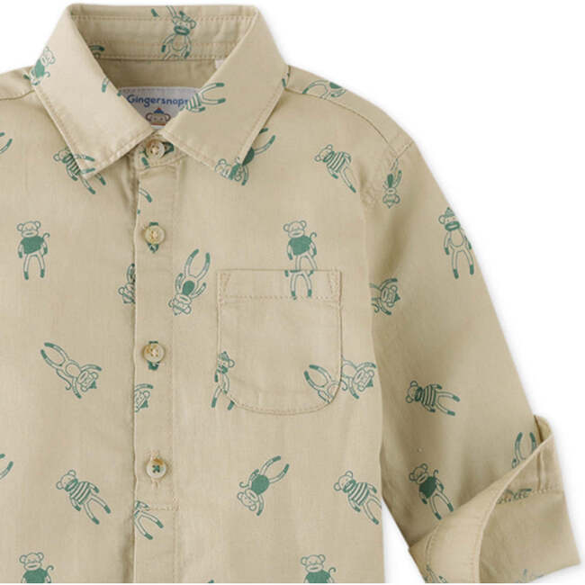 Baby Boys Monkey Print Long Sleeve Soft Twill Shirt, Beige - Shirts - 3