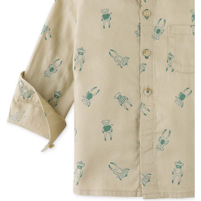 Baby Boys Monkey Print Long Sleeve Soft Twill Shirt, Beige - Shirts - 4