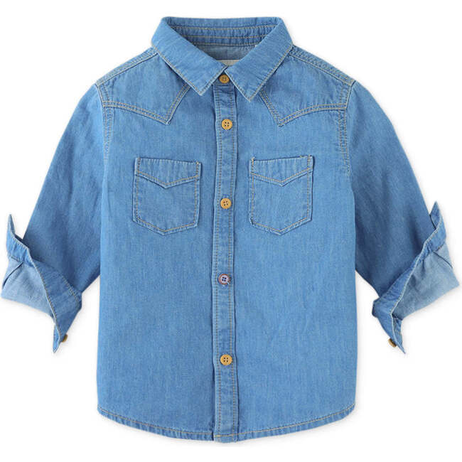 Baby Boys Hang On Banana Western Denim Shirt, Blue - Shirts - 1