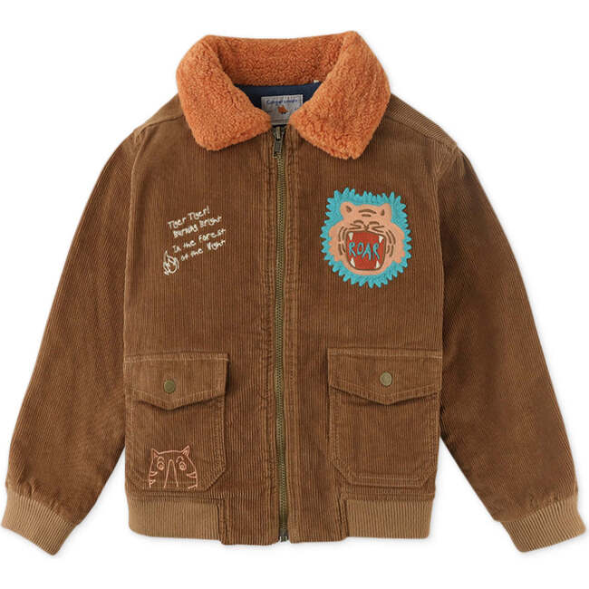 Embroidered Sherpa Collar Corduroy Jacket, Brown - Jackets - 1