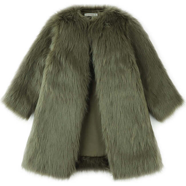 Girls Crimped Fringe Faux Fur Long Sleeve Coat, Green - Coats - 1