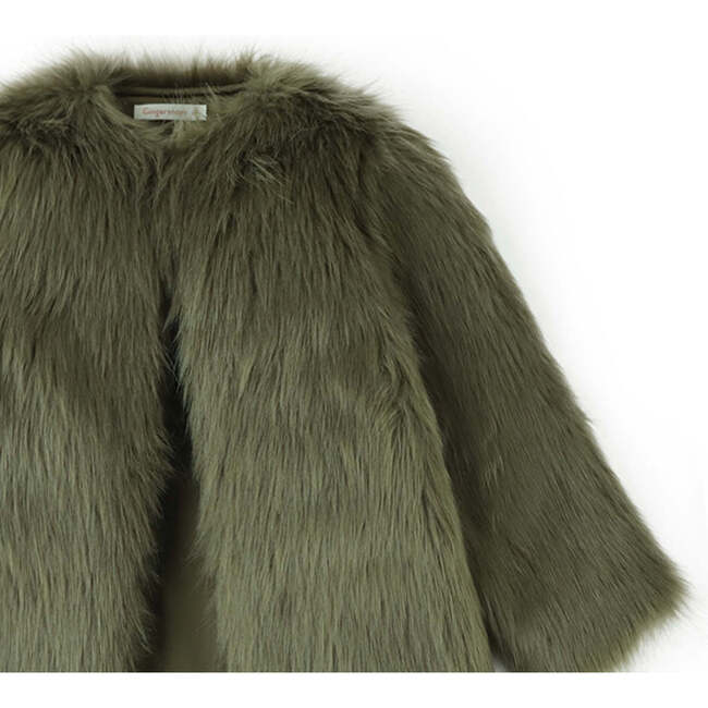 Girls Crimped Fringe Faux Fur Long Sleeve Coat, Green - Coats - 3