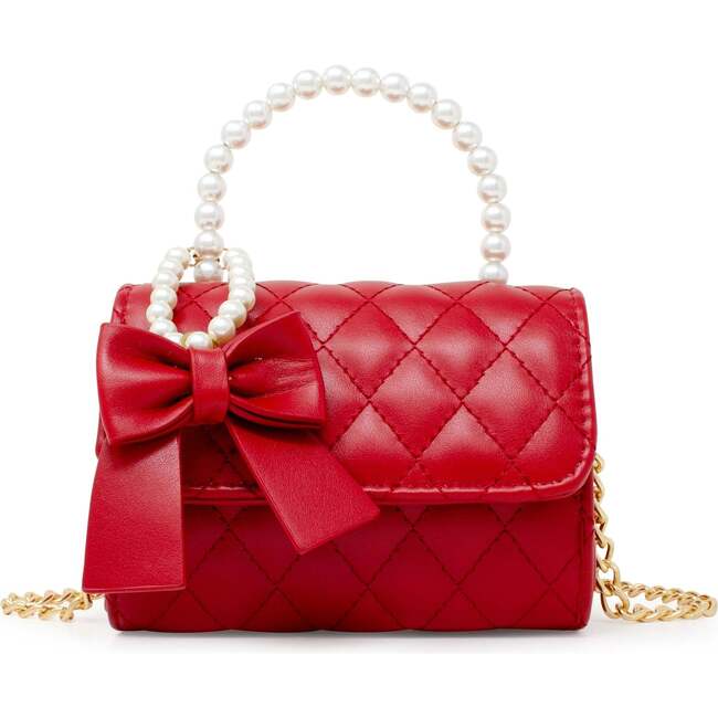 Quilted Pearl Handle Bow Ribbon Handbag,  Red