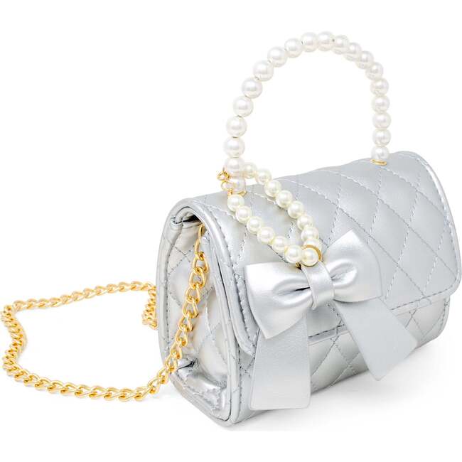 Quilted Pearl Handle Bow Ribbon Handbag,  Silver - Bags - 3