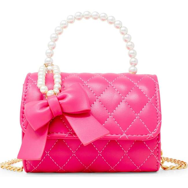 Quilted Pearl Handle Bow Ribbon Handbag,  Hot Pink