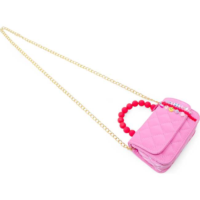 Pearl Handle Message Charm Handbag,  Hot Pink - Bags - 4