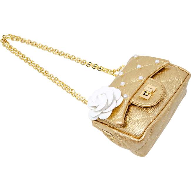 Classic Quilted Flower Pearl Handbag,  Gold - Bags - 3