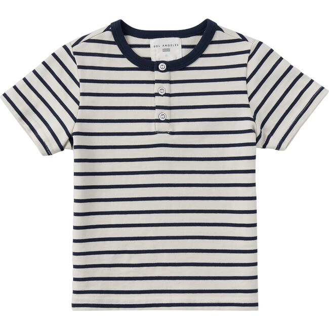 Venice Striped Crew Neck Short Sleeve Button Henley, Indigo