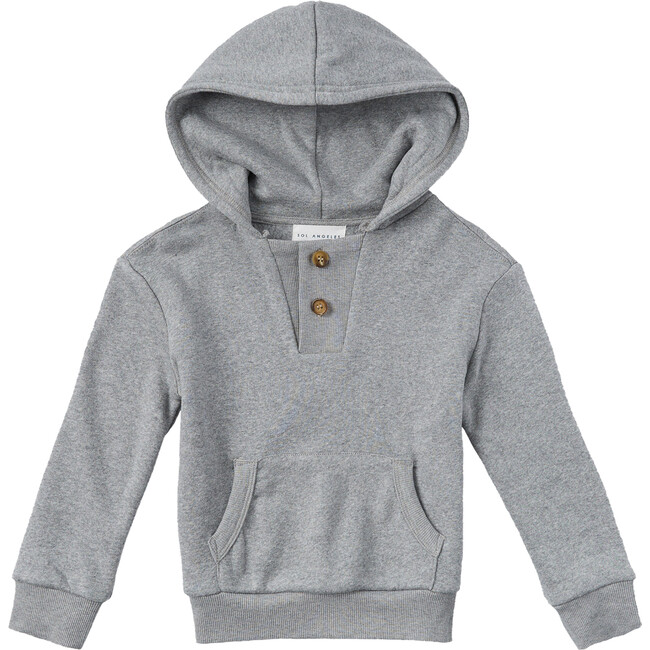 Adams Button Collar Long Sleeve Kanga Pocket Hood Pullover, Grey