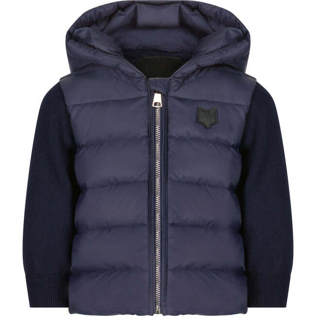 The Sullivan Knit Sleeve High Collar Short Length Hooded Puffer Jacket, Navy