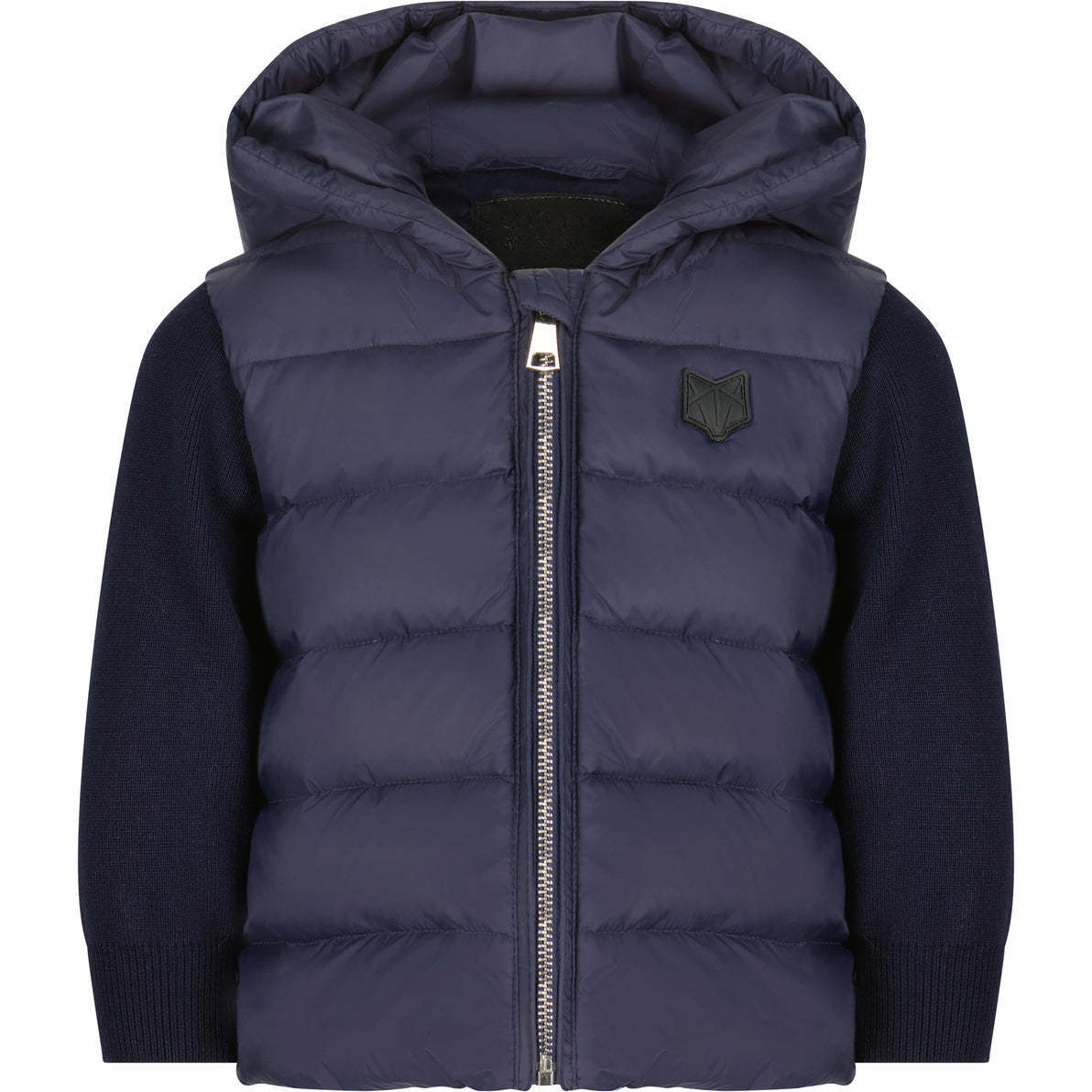 The Sullivan Knit Sleeve High Collar Short Length Hooded Puffer Jacket, Navy - Puffers & Down Jackets - 1