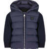 The Sullivan Knit Sleeve High Collar Short Length Hooded Puffer Jacket, Navy - Puffers & Down Jackets - 1 - thumbnail