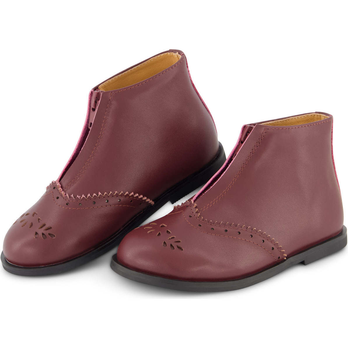 The Rose Of The Wild Leather Eyelet Zig Zag Trim Front Zipped Ankle Bootie, Brown - Boots - 1