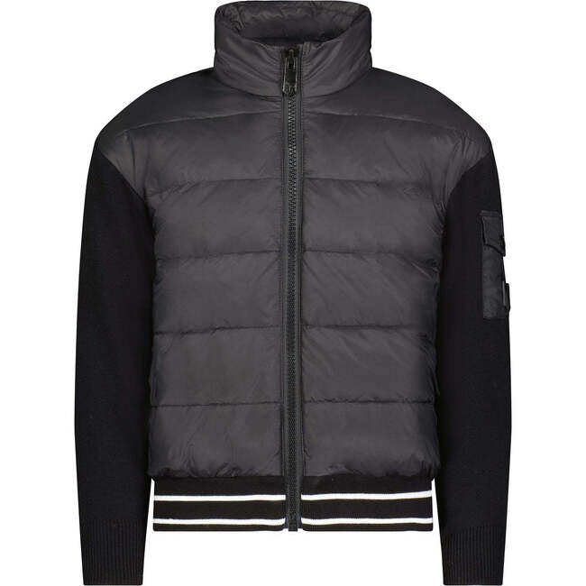 The Riley 2-Line Hem High Collar Short Length Zipper Hooded Puffer Jacket, Black & White