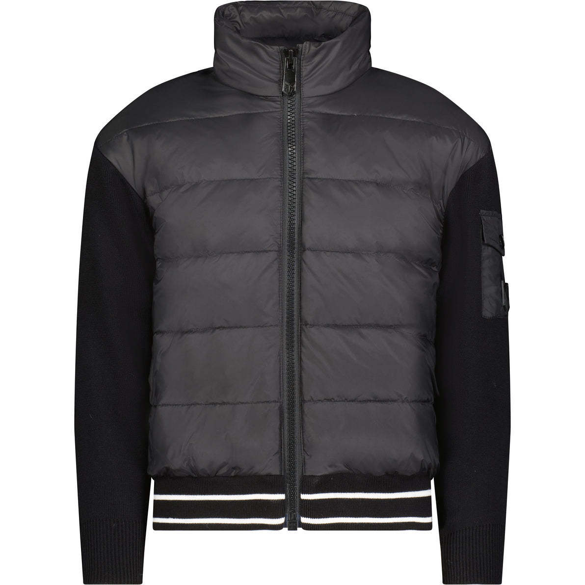 The Riley 2-Line Hem High Collar Short Length Zipper Hooded Puffer Jacket, Black & White - Puffers & Down Jackets - 1