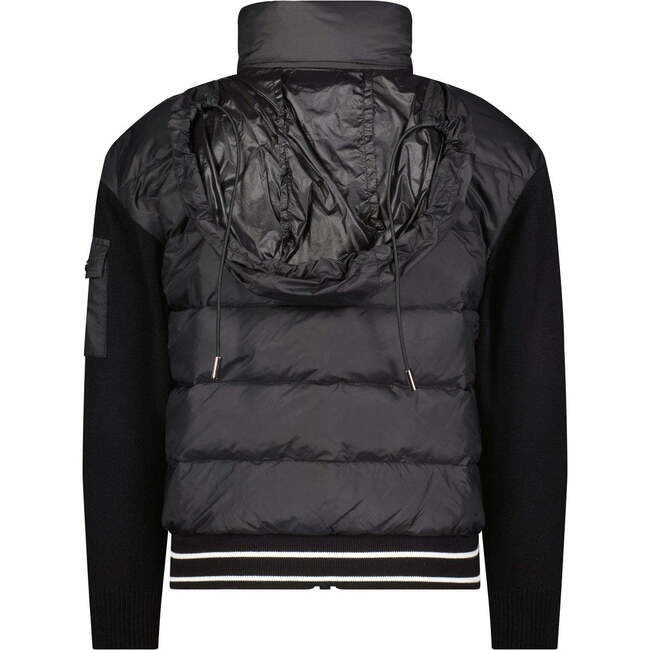 The Riley 2-Line Hem High Collar Short Length Zipper Hooded Puffer Jacket, Black & White - Puffers & Down Jackets - 2