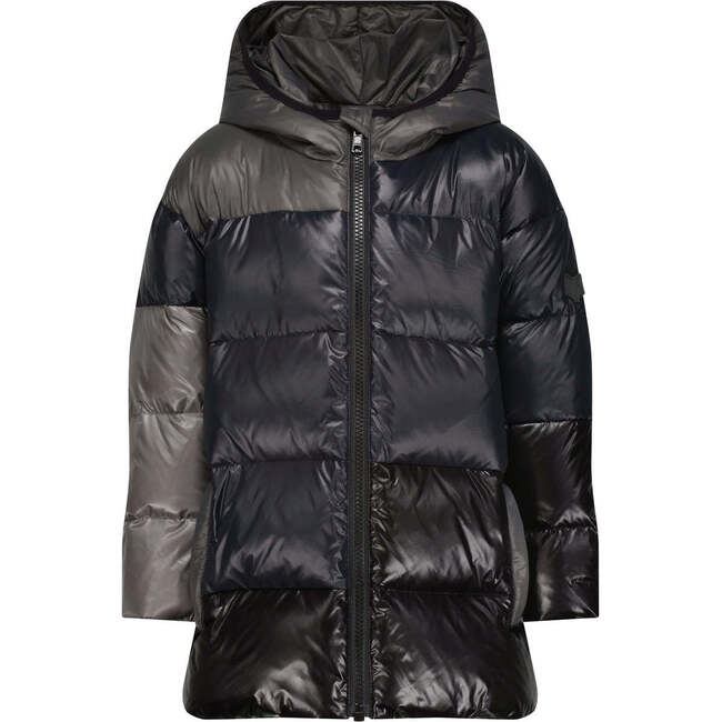 The Misty Mirage High Collar Hooded Long Puffer Coat, Black & Grey