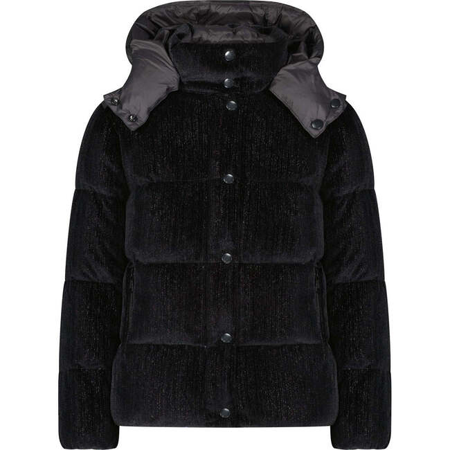 The Jasper Velour Puffer Short Hooded Coat, Black Metallic & Grey