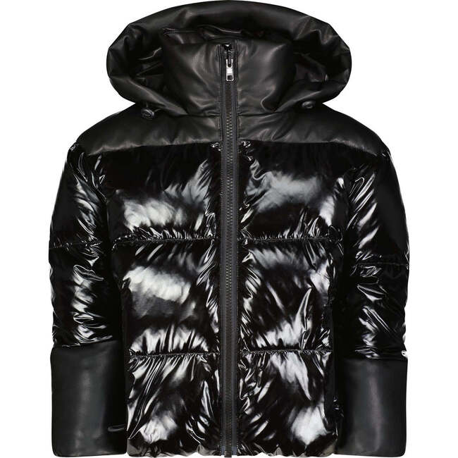 The Jax Faux Leather Quilted High Collar Hood Short Coat, Black