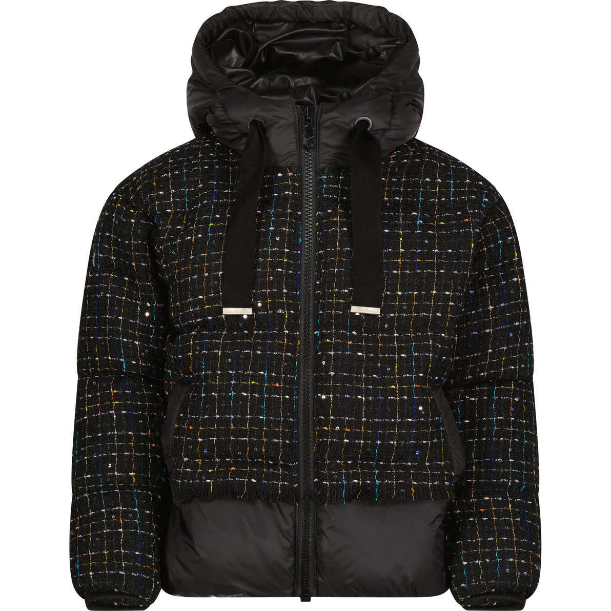 The Hushed Holly Speckled Boucle High Collar Mid-Length Hooded Coat, Black - Puffers & Down Jackets - 1