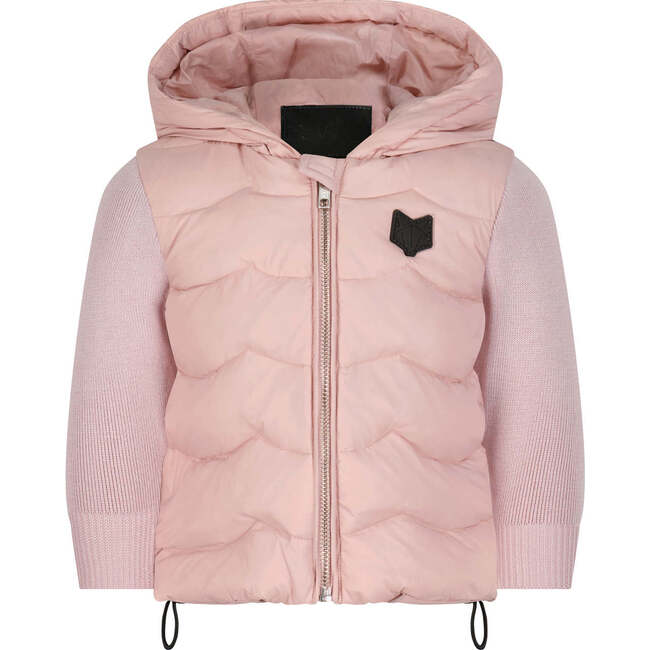 The Daffodil Ribbed Sleeve Puffer Zipper Hooded Coat, Pink