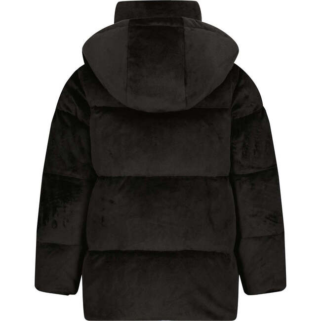 The  Velvet Valley Velour High Collar Short Length Snug Fit Zipper Hooded Jacket, Black - Puffers & Down Jackets - 2