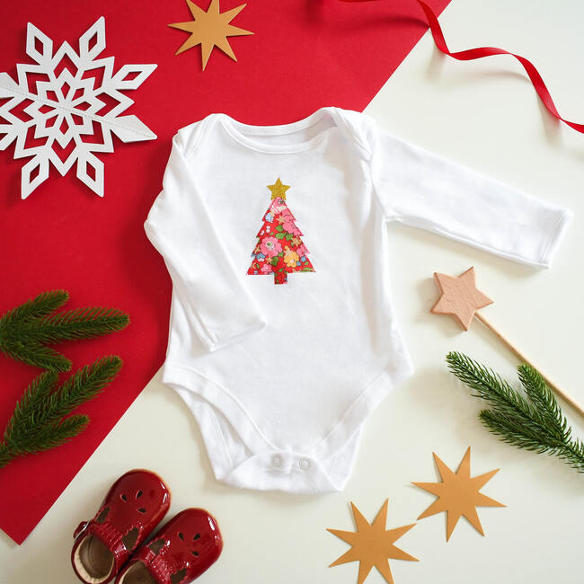 Liberty of London Christmas Tree Design Baby Bodysuit, Betsy Star Red - Bodysuits - 2