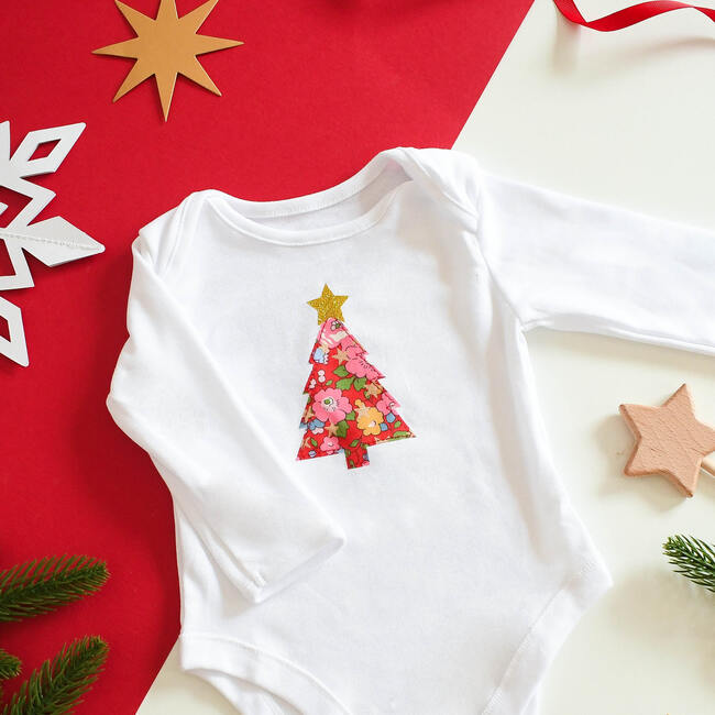 Liberty of London Christmas Tree Design Baby Bodysuit, Betsy Star Red - Bodysuits - 3