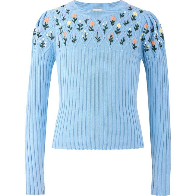 Maisie Floral Embroidered Long Sleeve Knit Cardigan, Blue