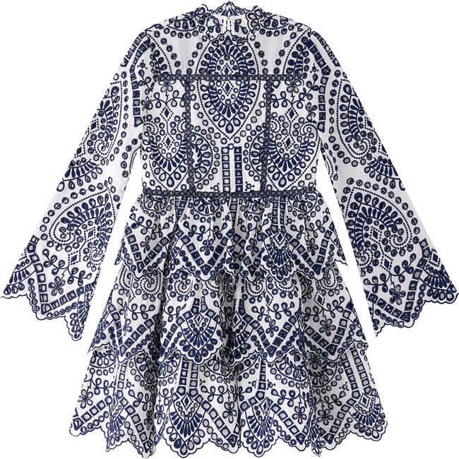 Desire Ruffle Long Sleeve Tiered Skirt Dress, Ivory & Navy