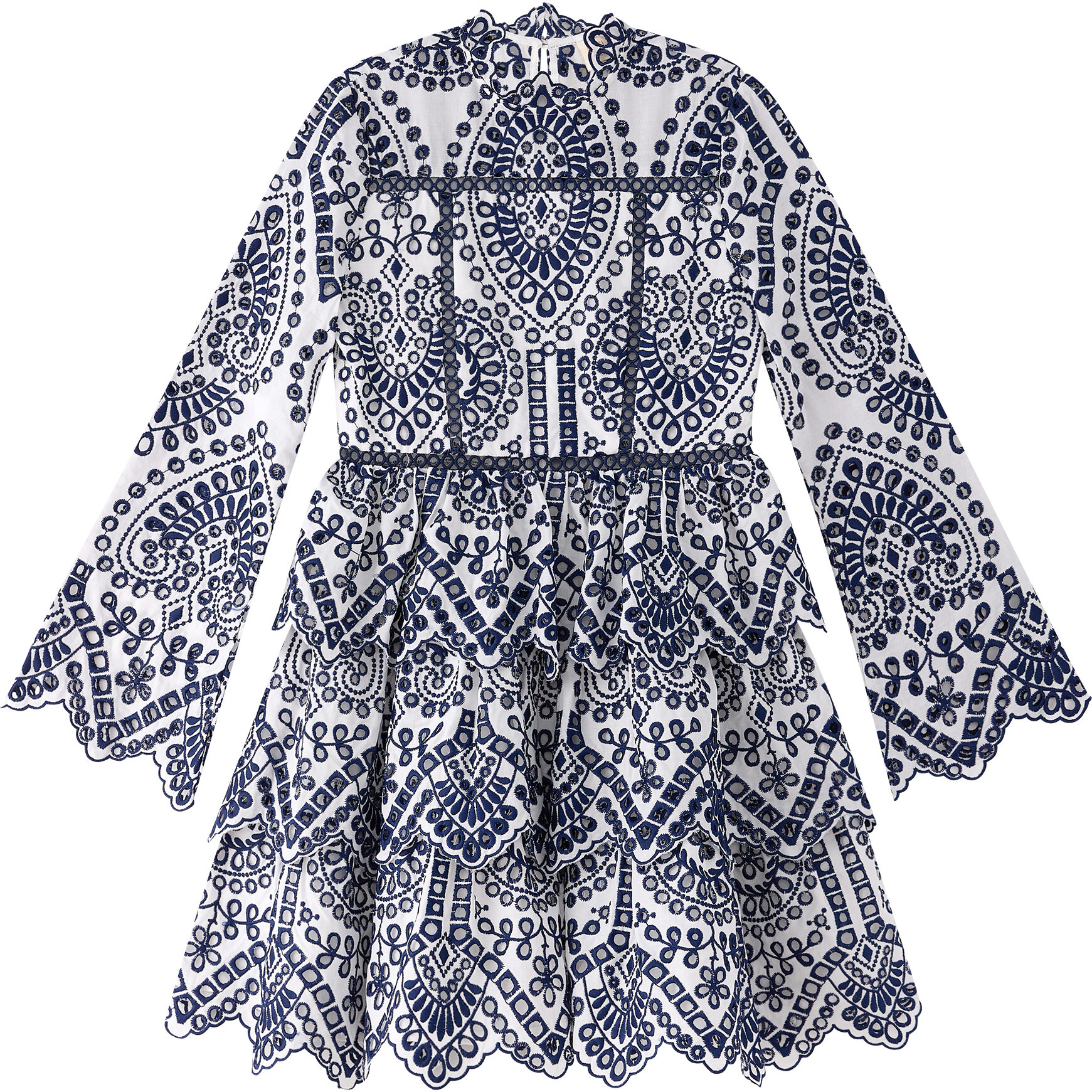 Desire Ruffle Long Sleeve Tiered Skirt Dress, Ivory & Navy - Dresses - 1