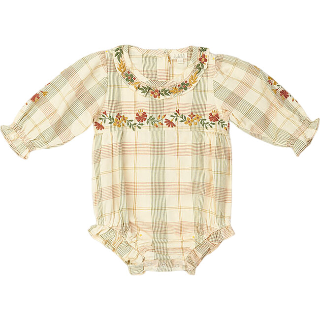 Baby Juniper Embroidered Ruffle Collar Long Sleeve Romper, Harvest Plaid