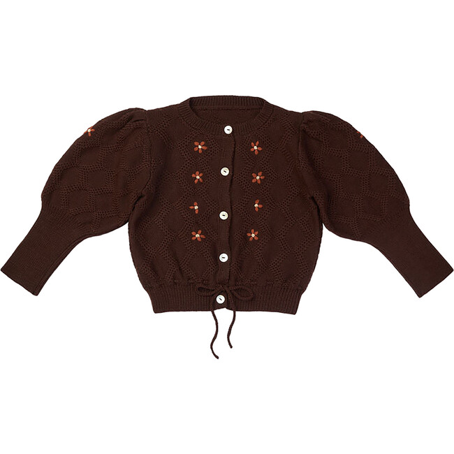 Moss Long Puff Sleeve Waist Tie Knit Cardigan, Cocoa